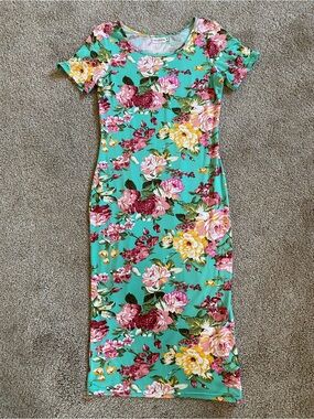 Floral Midi Dress in Mint with Pink and Yellow Flowers